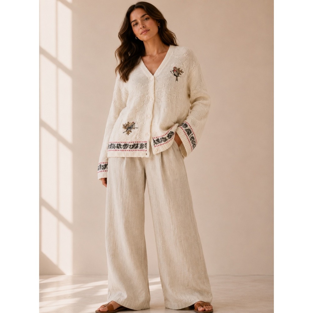 Vintage Northern Reflections Knit Cardigan Oversized Cream Bird Embroidered